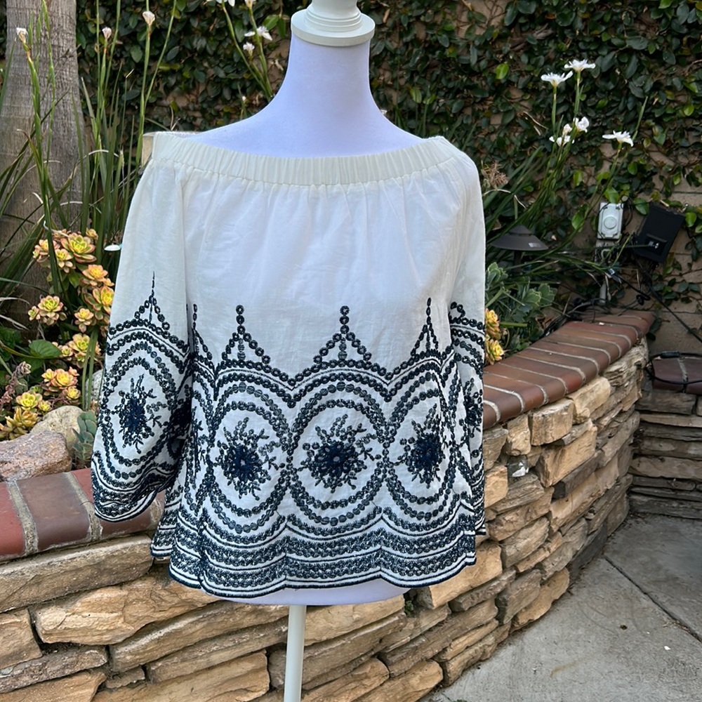 White and blue peasant blouse